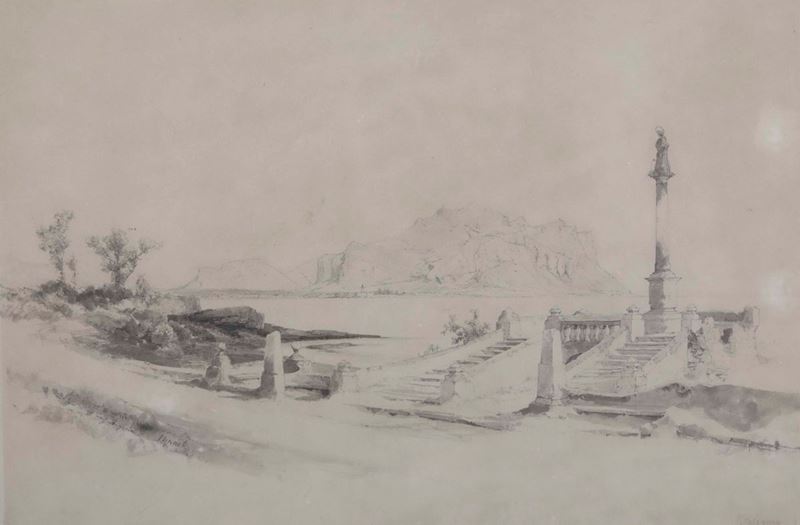 Carl Groeb (Berlino 1816-1884) Veduta di Palermo con il monte Pellegrino da Bagheria  - Asta Disegni Antichi - Cambi Casa d'Aste