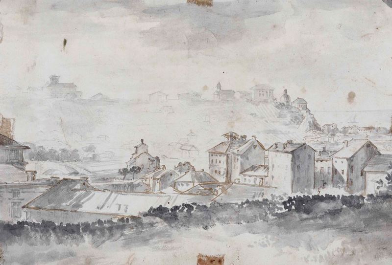 Artista del XIX secolo Veduta di Genova con il ponte di Sant’Agata, Porta Pila e la collina di Albaro dallo Zerbino  - Asta Disegni Antichi - Cambi Casa d'Aste