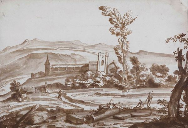 Domenico Piola (Genova 1627-1703), bottega di Paesaggio con viandanti