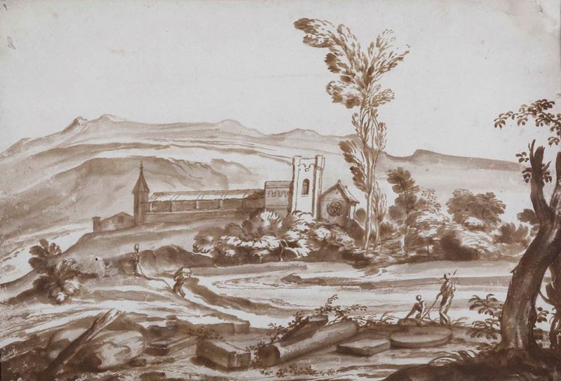 Domenico Piola (Genova 1627-1703), bottega di Paesaggio con viandanti  - Asta Disegni Antichi - Cambi Casa d'Aste