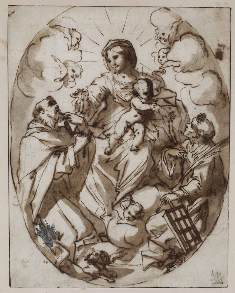 Scuola genovese del XVII secolo Madonna con S. Domenico e S. Lorenzo  - Asta Disegni Antichi - Cambi Casa d'Aste
