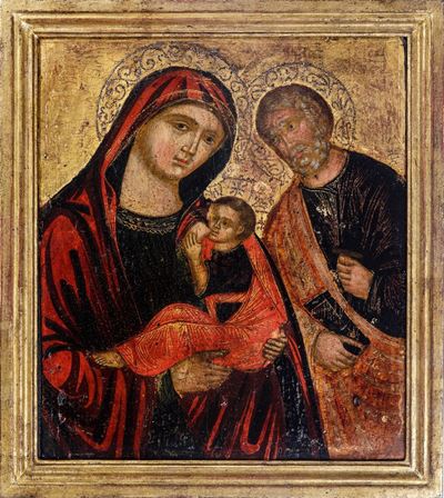 Madonna con Bambino e San Giuseppe. Tavola a Fondo Oro. Scuola Veneto-cretese, XVII Secolo