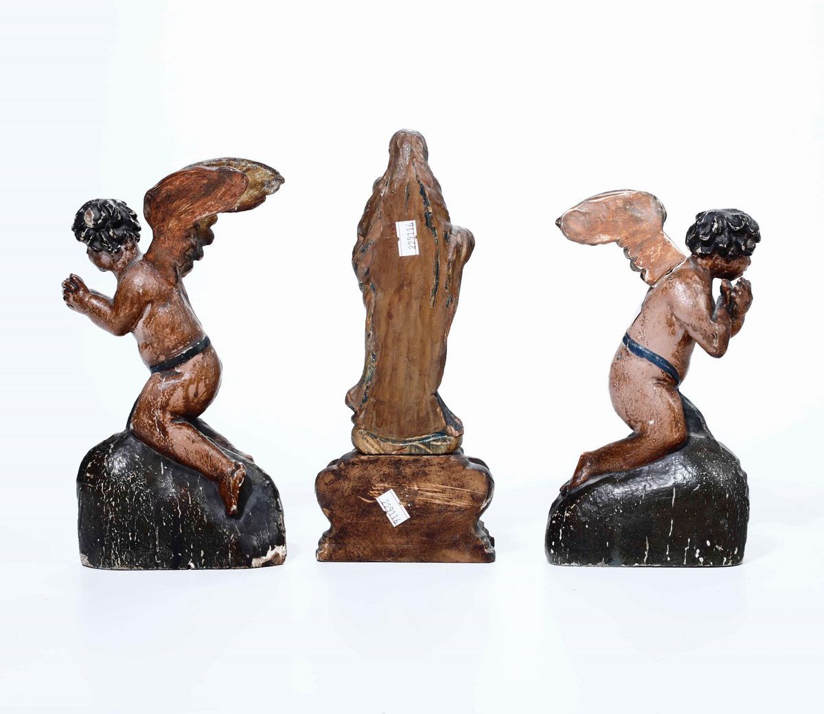 Due Angeli e una Vergine in Legno Policromo Scultore del XVIII Secolo