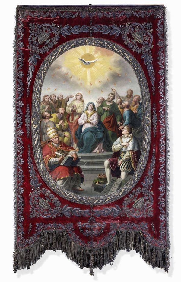 Stendardo stoffa dipinta con raffigurazione della Pentecoste  Arte Francese o Italiana del XVIII secolo