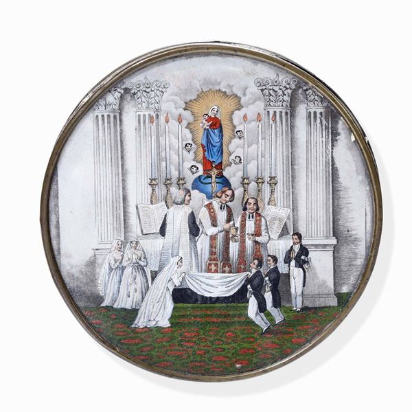 Grande scatola in metallo con dipinto, raffigurante celebrazione eucaristica Manifattura del XIX secolo