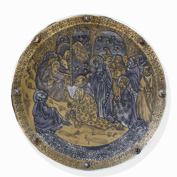 Adorazione dei Magi Piatto in vetro dorato, argentato e inciso Manifattura artistica del XIX-XX secolo