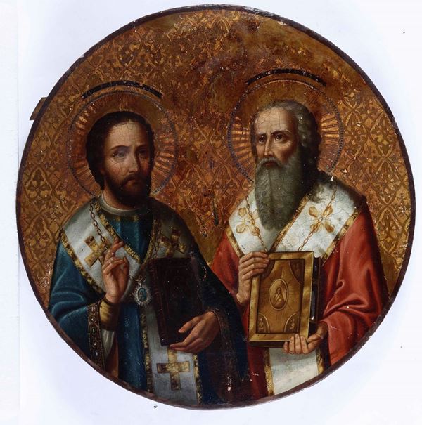 Santi Cirillo e Metodio. Icona su tavola circolare. Scuola russa XVIII-XIX secolo.