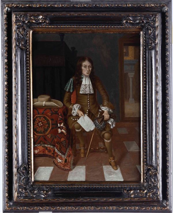 Nicolaes Verkolje - Nicolaes Verkolje (Delft 1673 - Amsterdam 1746), attribuito a Giovane uomo con lettera in un interno
