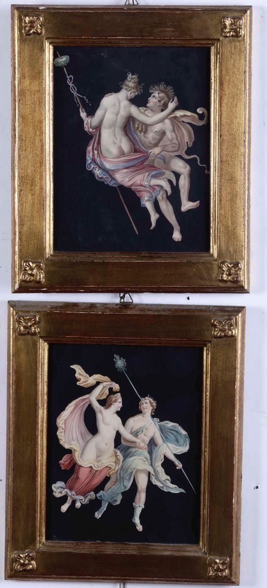 Scuola del XIX secolo Soggetti ispirati alla classicità  - coppia di tempere su carta - Asta Dipinti Antichi - Cambi Casa d'Aste