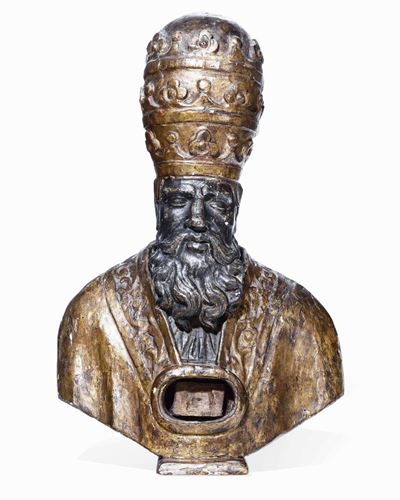Busto Reliquiario Legno Scolpito Argentato e Dorato Arte Barocca del XVII Secolo