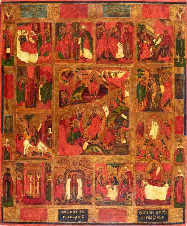 Resurrezione di Cristo, la discesa agli inferi e le maggiori festività. Icona su tavola. Scuola russa XIX secolo.