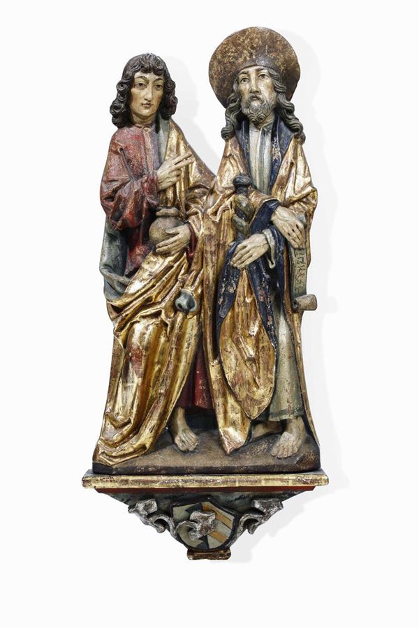 San Giacomo e San Giovanni (?)  Rilievo in legno dipinto e dorato Sud della Germania o Tirolo XIX-XX secolo