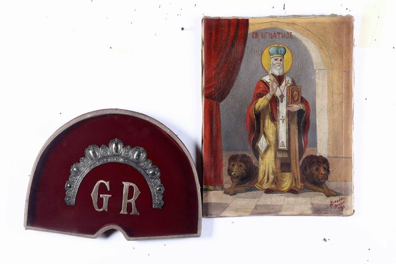 Ex voto. Filo d'argento e metallo argentato e icona raffigurante S.Ignazio, datato 1947  - Auction From Lombard mansions - Cambi Casa d'Aste