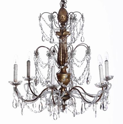 Lampadario a Sei Luci in Legno Intagliato e Dorato e Cristalli, XVIII-XIX Secolo