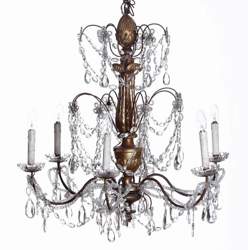Lampadario a sei luci in legno intagliato e dorato e cristalli, XVIII-XIX secolo  - Auction Antiques | Time Auction - Cambi Casa d'Aste