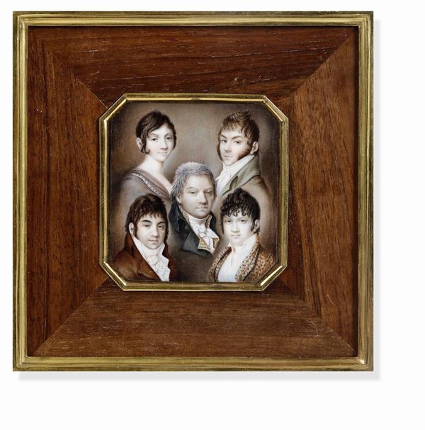 Membri della famiglia dei Principi Dolgorouky. Miniatura entro cornice in legno e metallo dorato. Russia inizi XIX secolo (iscrizioni a penna sul retro)