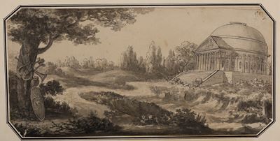 Scuola Neoclassica della Fine del XVIII Secolo Paesaggio con Architetture Classiche e Panoplia