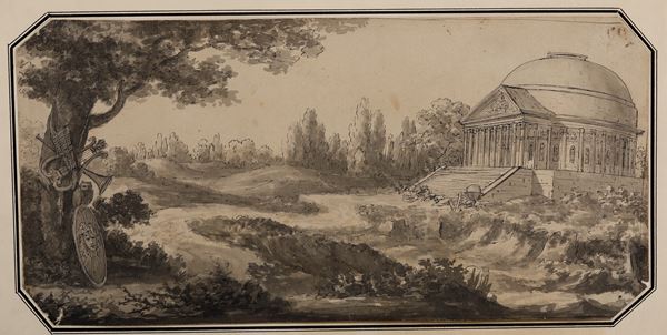 Scuola neoclassica della fine del XVIII secolo Paesaggio con architetture classiche e panoplia