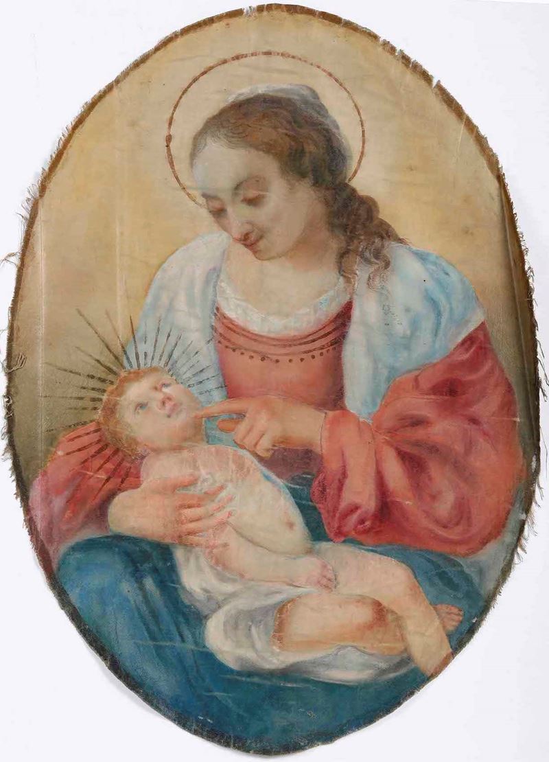 Scuola del XIX secolo Madonna con Bambino  - dipinto su seta ovale - Asta Dipinti Antichi - Cambi Casa d'Aste