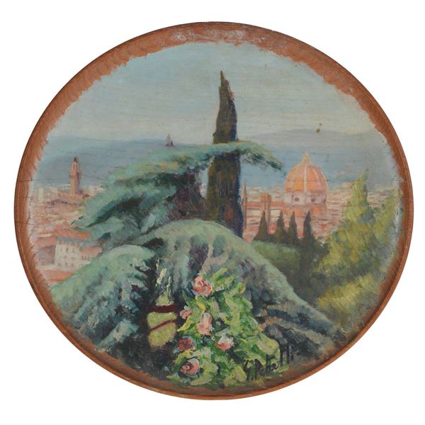 Coppia di piatti in legno dipinti, firmati G. Petretti