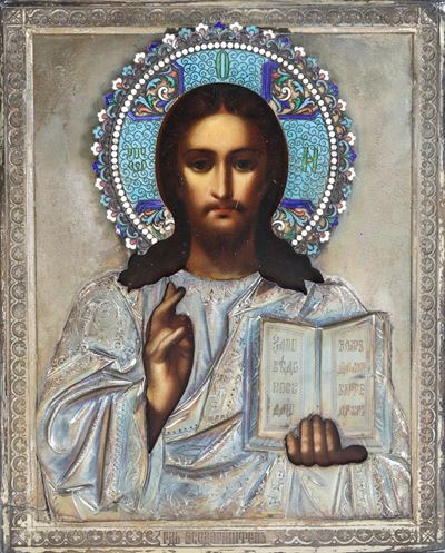 Cristo Pantocratore. Icona su Tavola con Riza in Argento Sbalzato e Cesellato. Aureola con Smalti...
