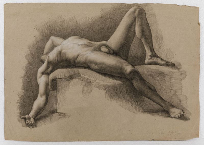 Scuola italiana del XIX secolo Studio accademico di nudo virile sdraiato  - Asta Disegni Antichi - Cambi Casa d'Aste