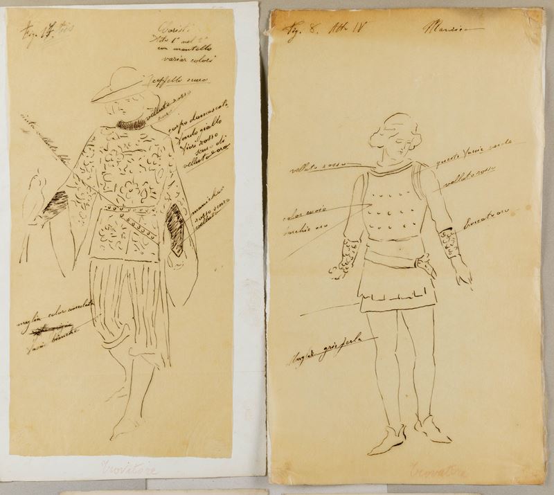 Scuola italiana del XIX secolo Studi per i costumi di due personaggi del Trovatore di Verdi  - Asta Disegni Antichi - Cambi Casa d'Aste