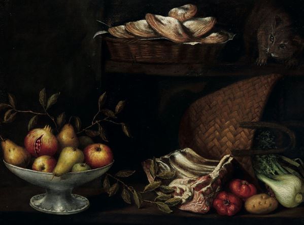 Scuola emiliana del XVIII secolo Natura morta con gatto, ortaggi e frutti