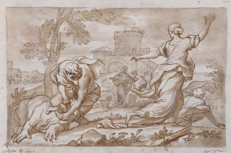 Domenico Piola (Genova 1627-1703) Uomo che lotta con il leone  - Asta Disegni Antichi - Cambi Casa d'Aste