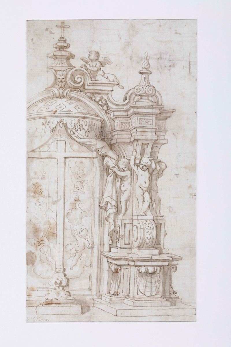 Domenico Piola (Genova 1627-1703) Studio architettonico per tabernacolo  - Asta Disegni Antichi - Cambi Casa d'Aste