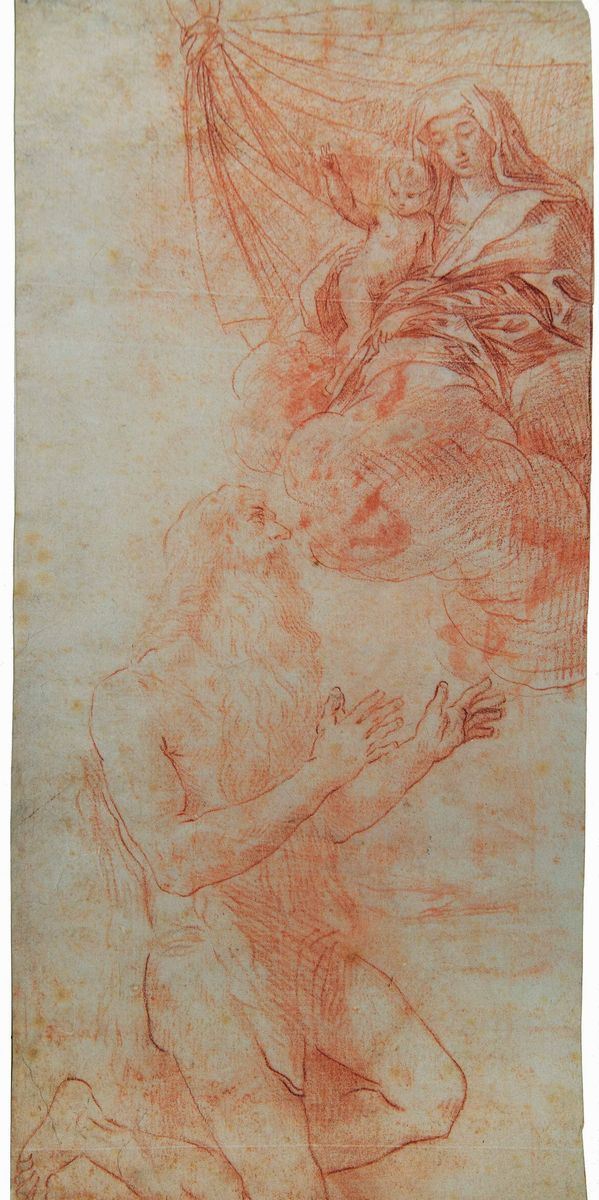 Simone Cantarini : Studio per Madonna con Bambino e San Gerolamo  - matita rossa su carta - Auction Old Masters Paintings - Cambi Casa d'Aste