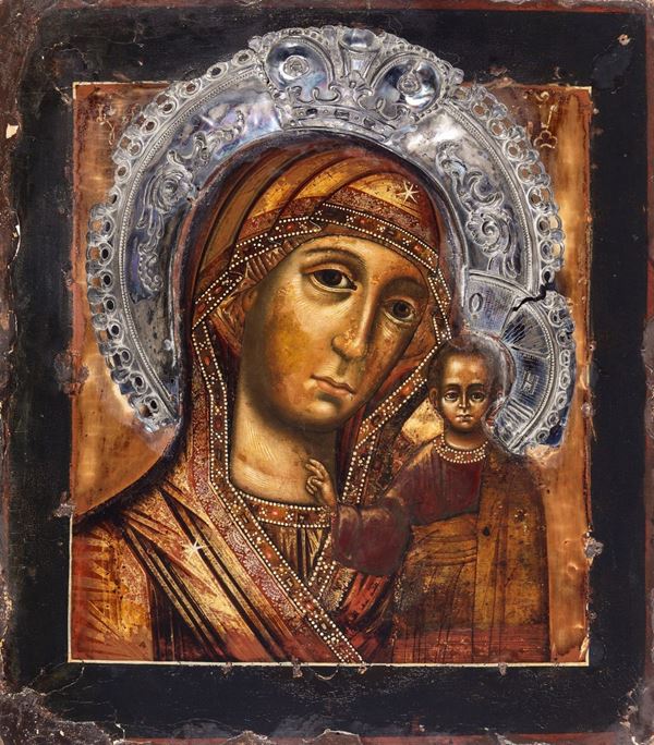Our Lady of Kazan with silver riza, late 16/1700s