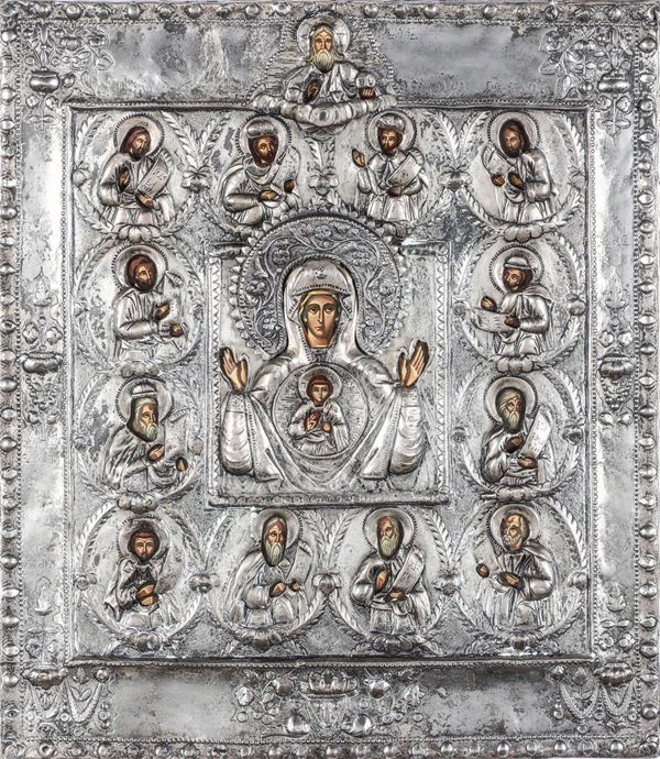 La Vergine del segno (panagia Platytera) di Kursk. Icona su tavola. Riza rame sbalzato, traforato, argentato e cesellato. Russia XIX secolo