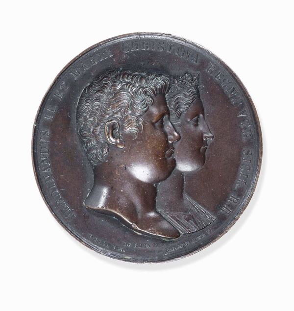 Medaglia raffigurante Ferdiando II di Borbone e la moglie Maria Cristina di Savoia. Fonditore italiano, 1832