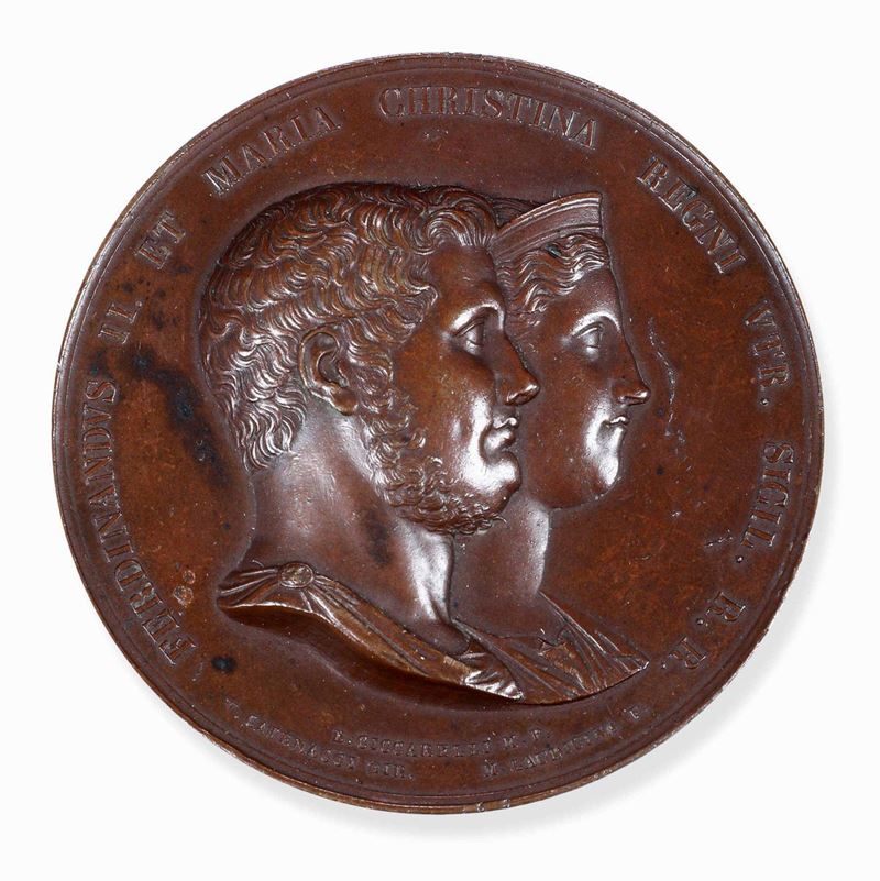 Medaglia raffigurante Ferdiando II di Borbone e la moglie Maria Cristina di Savoia. Fonditore italiano, 1834  - Asta Scultura e Oggetti d'Arte - Cambi Casa d'Aste