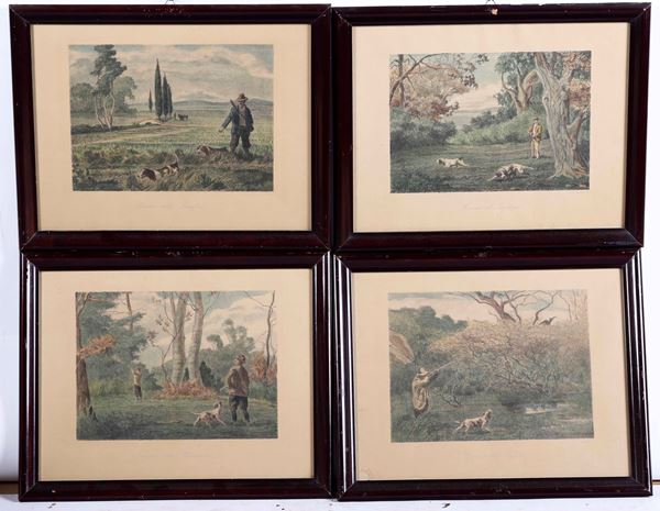Serie di quattro incisioni colorate a soggetti venatori. XIX secolo
