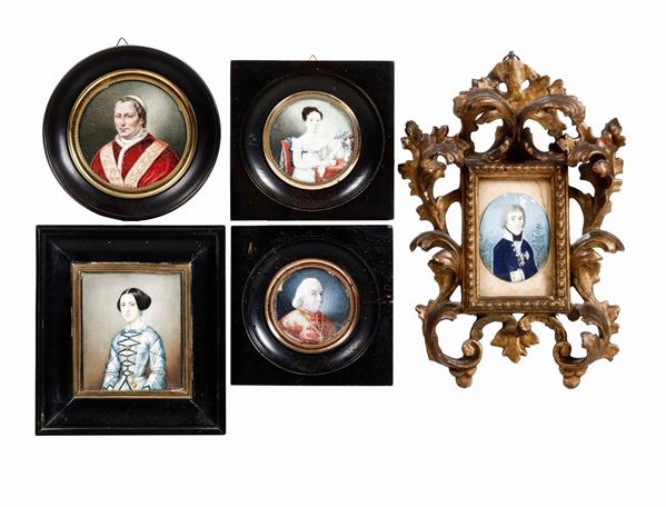 Serie di cinque miniature con ritratti di Papi e femminili. XIX-XX secolo