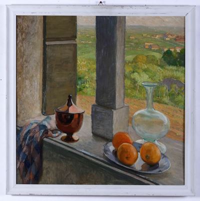Adolfo Callegari (padova 1882 - Arquà Petrarca 1948)natura Morta con Veduta