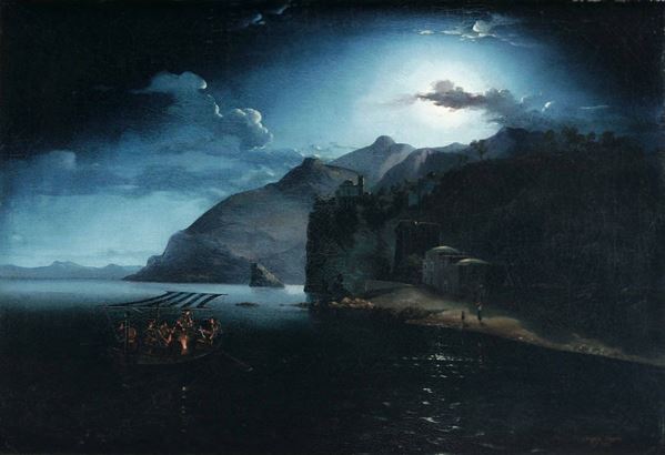 Angelo Viviani (Napoli 1800 - ?) Notturni raffiguranti la Costa di Vico Equense dal mare e la Baia di Napoli da Palazzo Don’ Anna