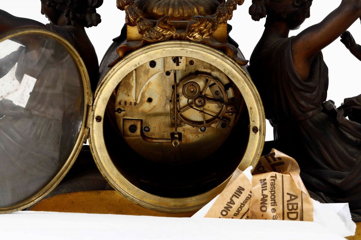 Grande Orologio in Bronzo Dorato e Antimonio, Firmato sul Quadrante “lenoir a Paris”. XIX Secolo