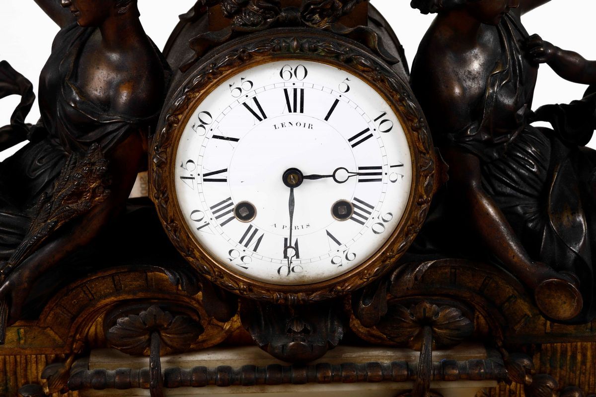 Grande Orologio in Bronzo Dorato e Antimonio, Firmato sul Quadrante “lenoir a Paris”. XIX Secolo