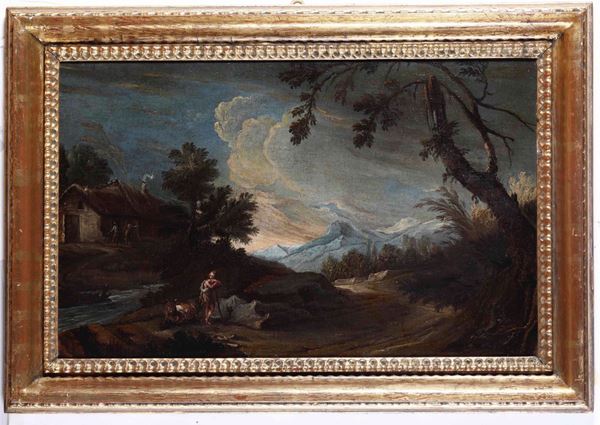 Johann Christian Brand (Vienna 1722-1795), attribuito a Paesaggio con pastore e armenti