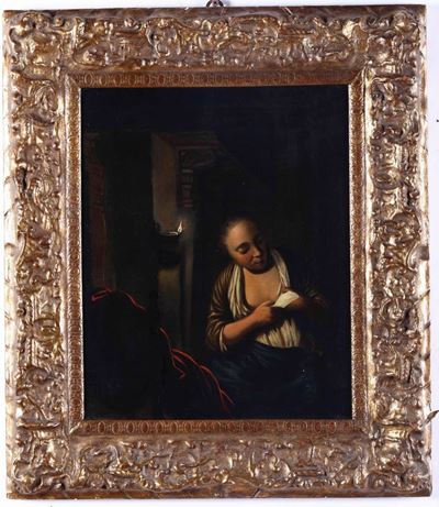 Arnold Boonen (dordrecht 1669 - Amsterdam 1729), Attribuito Anotturno con Figura Femminile in un ...