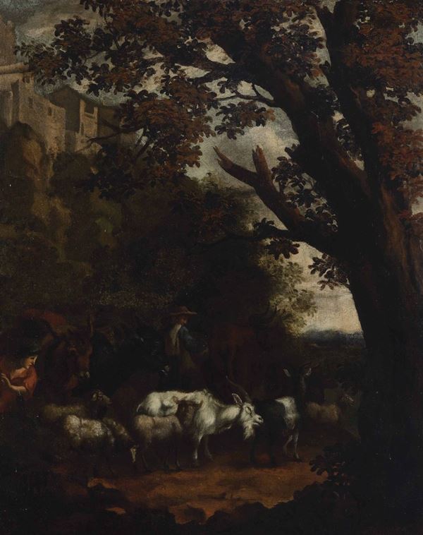 Scuola fiamminga del XVIII secolo Paesaggio con pastori e armenti