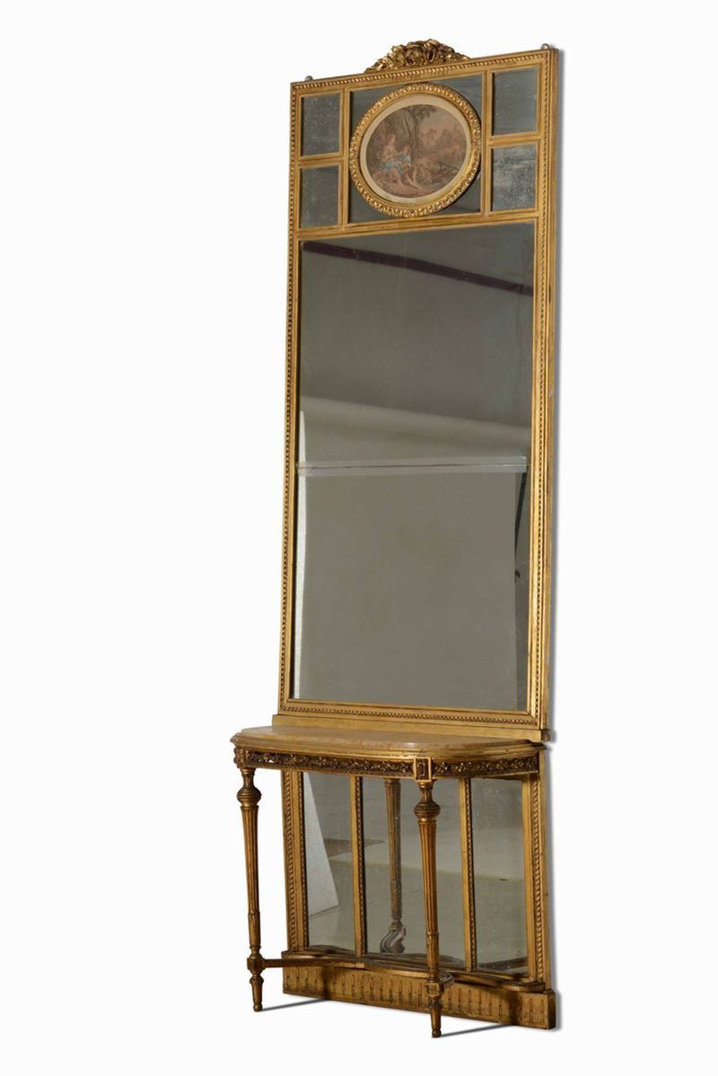 Console con specchiera in legno intagliato e dorato, XX secolo  - Auction Artworks and Furniture from Lombard private Mansions - Cambi Casa d'Aste