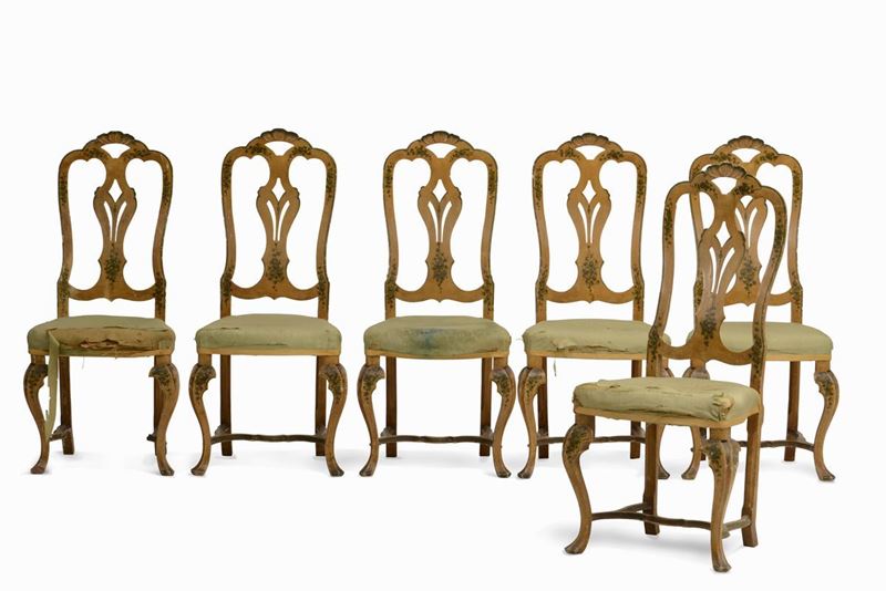 Sei sedie in legno laccato giallo con decorazione floreale, XVIII secolo  - Auction Artworks and Furniture from Lombard private Mansions - Cambi Casa d'Aste
