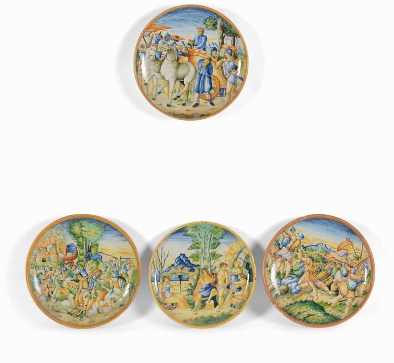 Quattro piatti in maiolica istoriata in stile, XX secolo  - Auction Artworks and Furniture from Lombard private Mansions - Cambi Casa d'Aste