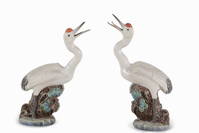 Coppia di Airone su Roccia in Ceramica, XX Secolo