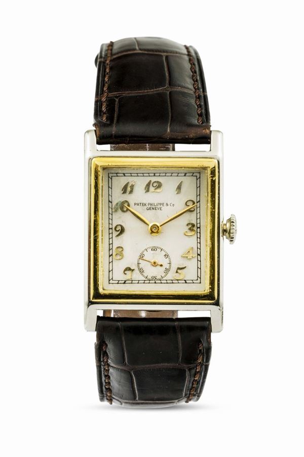 PATEK PHILIPPE - Raro orologio di Forma anni '30 con cassa d'oro 18k bitonale. Con scatola ed Estratto d'Archivio