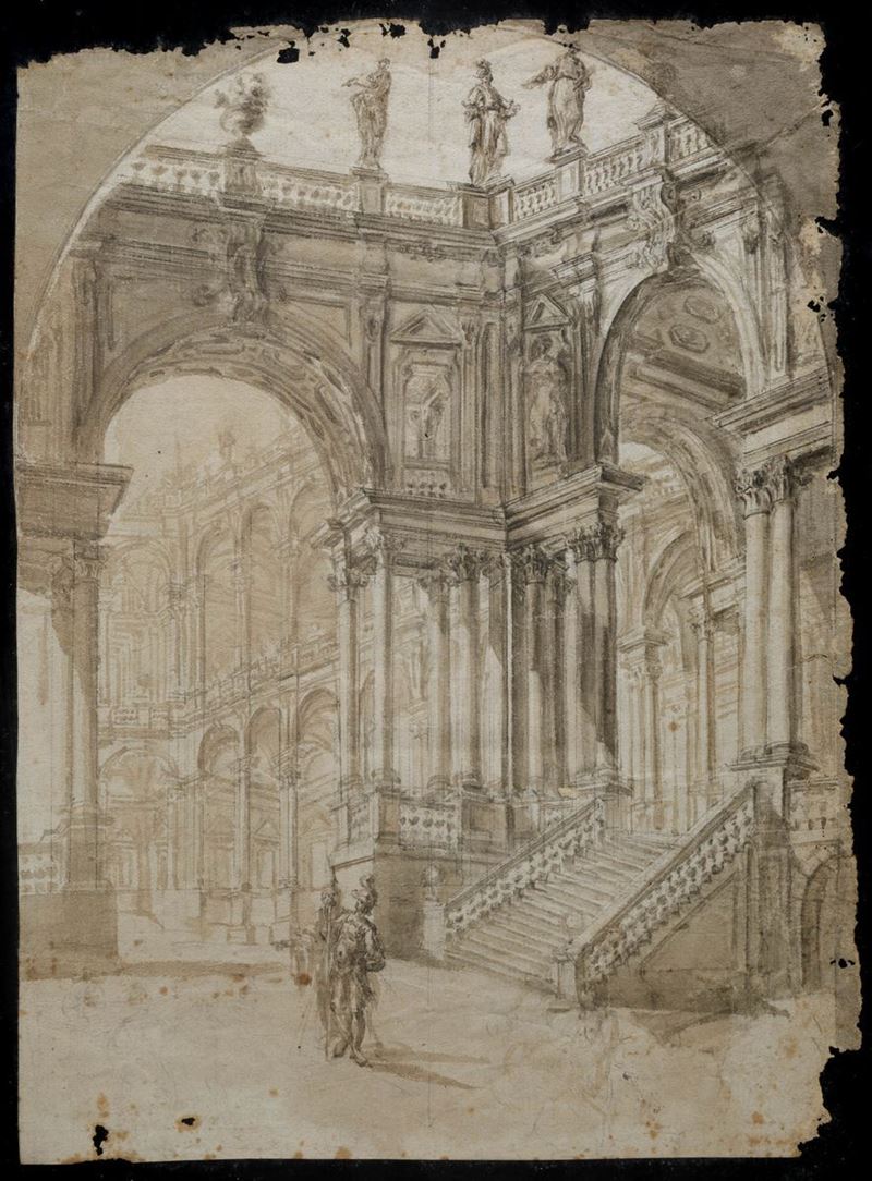 Alessandro Galli da Bibbiena (Parma 1686 - Mannheim 1748) Scorcio architettonico con figure  - Auction Old Master Drawings - Cambi Casa d'Aste